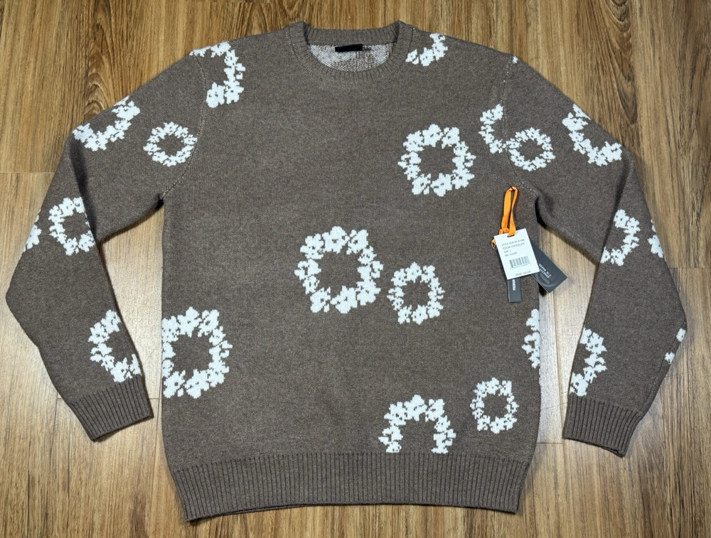 RGSTR Men’s Floral Knit Chocolate Brown Cream Pattern Sweater 162282 - Size L